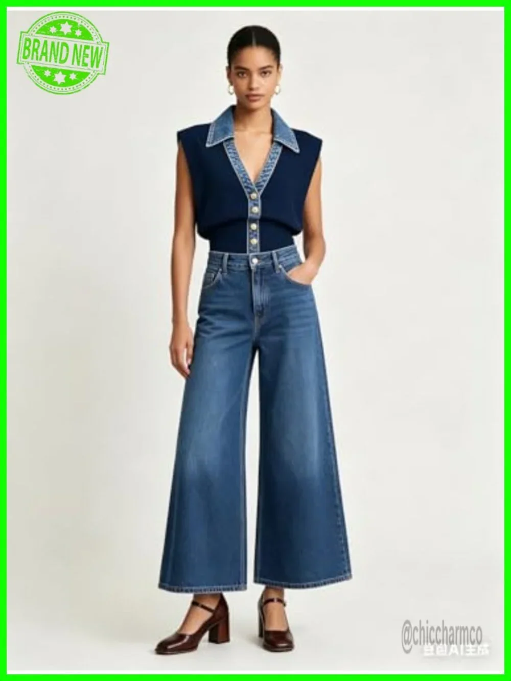 Women's Denim Trim Sweater Vest V-Neck Crop Tank Knit Pullover